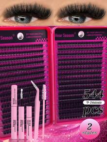 640/544 Clusters D Curl Single Stem False Eyelashes Large Capacity Set, Beginner-Friendly Classic Y-Shape DIY Home Lash Extension, Reusable Mixed Style (Includes Adhesive & Setting Liquid, Tweezers & Lash Brush), Natural Fluffy Cluster Lashes, Suitable For Daily And Evening Party Makeup - Hot Pink - View 4