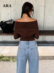 ARA CHIC 3-Way Wear Long Sleeve Top, Women's Contrast Stitching Ruched Fitted Cropped T-Shirt, Multi-Wear Off-Shoulder Ruffled Collar Y2K Top, Casual Street Date Top - Brown - View 4