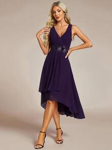 EVERPRETTY Fall Embroidered Appliques Wedding Guest V-Neck Sleeveless Midi High-Low Purple Formal Mother Of The Bride Dress For Wedding Anniversary - Purple - View 6