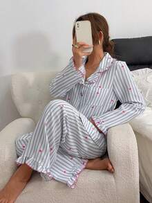 Dreamivo Women's Ruffle Trim Playful Elegant Loungewear Set, Cherry Striped Print Long Sleeve & Long Pants Contrast Color Pajama Set - Baby Blue - View 4