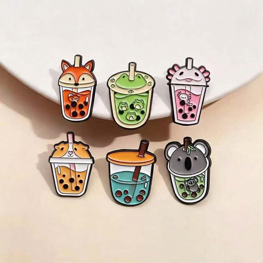 1pc/6pcs Cartoon Fun Pearl Milk Tea Cup Animal Fox Frog Brooch Scarf Clip Accessory Cute Design Alloy Metal Jewelry Brooch Shoe Clip - Multicolor - View 1