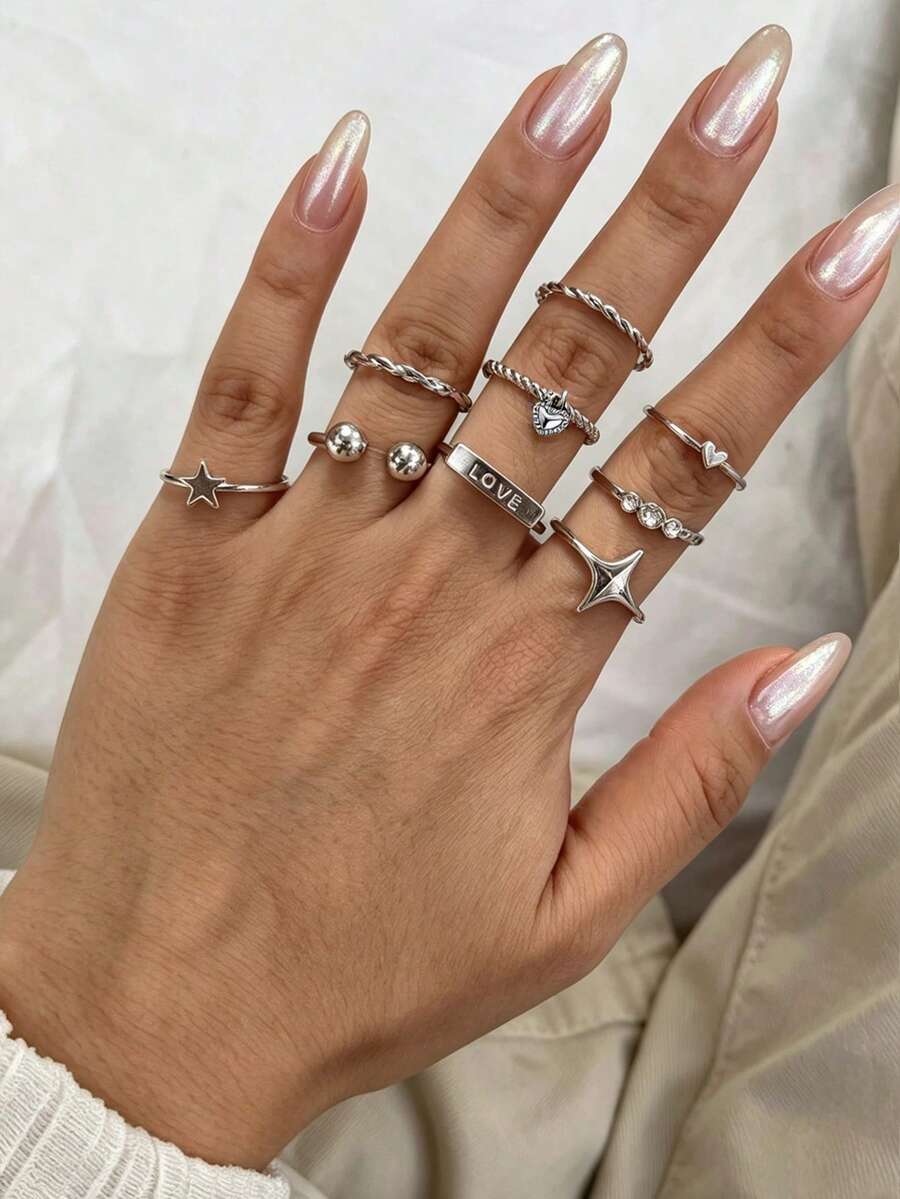 9pcs LOVE Letter Star & Heart Pendant Rings Set, Suitable For Women's Date, Music Festival, Party Stacking - Silver - View 1