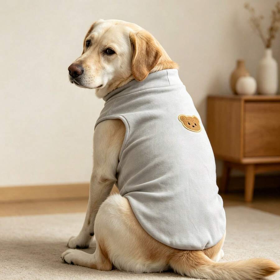 1 Buah Rompi Anjing Tanpa Lengan Kerah Tinggi, Pakaian Hewan Peliharaan Rajut Lembut dengan Aplikasi Tempelan Beruang Lucu, Pakaian Rumah Hangat Model Pullover untuk Anjing Ras Sedang hingga Besar - Light Grey - View 1