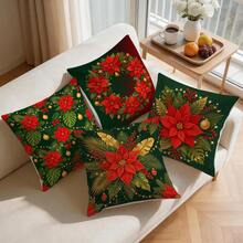 4pcs Christmas Poinsettia Pillow Covers, Wreath Colorful Ball String Light Palm Leaf Print Pattern Without Insert, Single-Sided Print Pillow Covers, Suitable For Living Room Bedroom Home Decor, All Season Pillow Covers - Multicolor - View 8