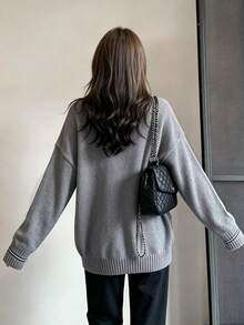 Grey Knitted Cardigan For Women, Mid-Length Loose Fit Versatile Jacket, Spring/Autumn New Arrival - Grey - View 7