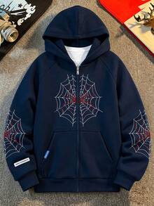 1pc Tween Boys Loose Casual Spider Print Hoodie Sweatshirt Jacket, Versatile Sporty, Spring/Autumn - Navy Blue - View 6