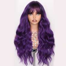 Purple Wig With Bangs Ombre With Dark Roots Heat Resistant Synthetic Wavy Curly Hair For Cosplay Women Daily Party Use 26 Inches - Purple - View 8