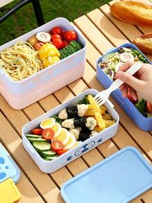 Cartoon Print Lunch Box, Double-Layer Sealed Meal Container With Buckle Lock, Suitable For Office Simple Meals, Cute Food Storage Container - Multicolor - View 4