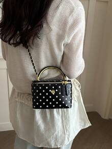 Women's Polka Dot PU Square Box Handbag, Metal Top Handle Chain Crossbody Bag, Vintage Makeup Bag Style Shoulder Bag - Black - View 4