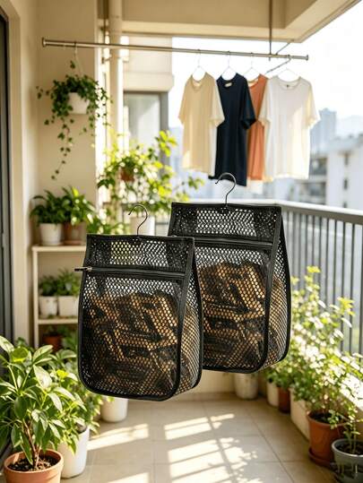 Sac à linge en maille pour l'extérieur avec fermeture éclair, sac de rangement à linge à grande ouverture, grande capacité avec crochet, tissu en maille durable, accessoire pratique pour la maison pour laver, trier et sécher les vêtements