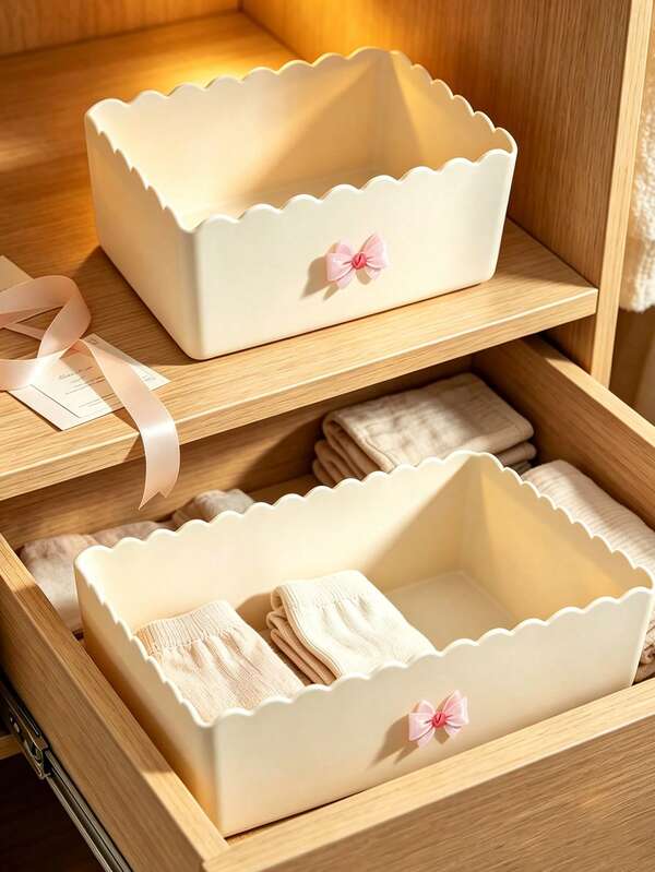 Storage Box With Bow Decoration, Cream-Colored Home Storage, Student Desk Stationery Organizer, Household Sundries Storage Basket, Office Desk Decor, Office Supplies, Hair Accessories Storage, Cosmetics Storage Box, Home Gift, Birthday Gift, Halloween Christmas Gift