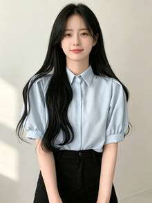 Summer Casual Solid Color Loose Puff Sleeve Shirt - Blue - View 1