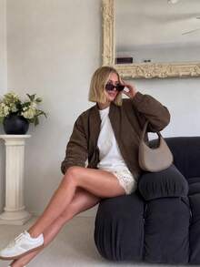 Vintage Solid Color Velvet Zip Pocket Short Jacket For Women, Daily Wear, Autumn/Winter - Brown - View 3