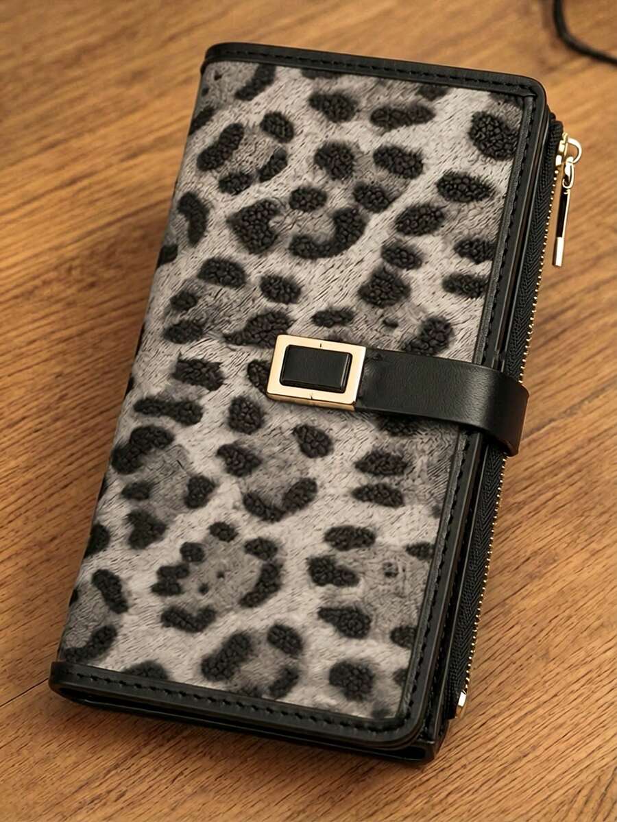 Women's Long Colorblock Patchwork Wallet, Fashionable Leopard Print & Tree Pattern Multifunctional ID Card Holder, Exquisite Fashion Snap Closure Large Capacity Zipper Card Holder & Coin Purse, Lightweight & Convenient To Carry, Suitable As Holiday Gift - Black - View 1
