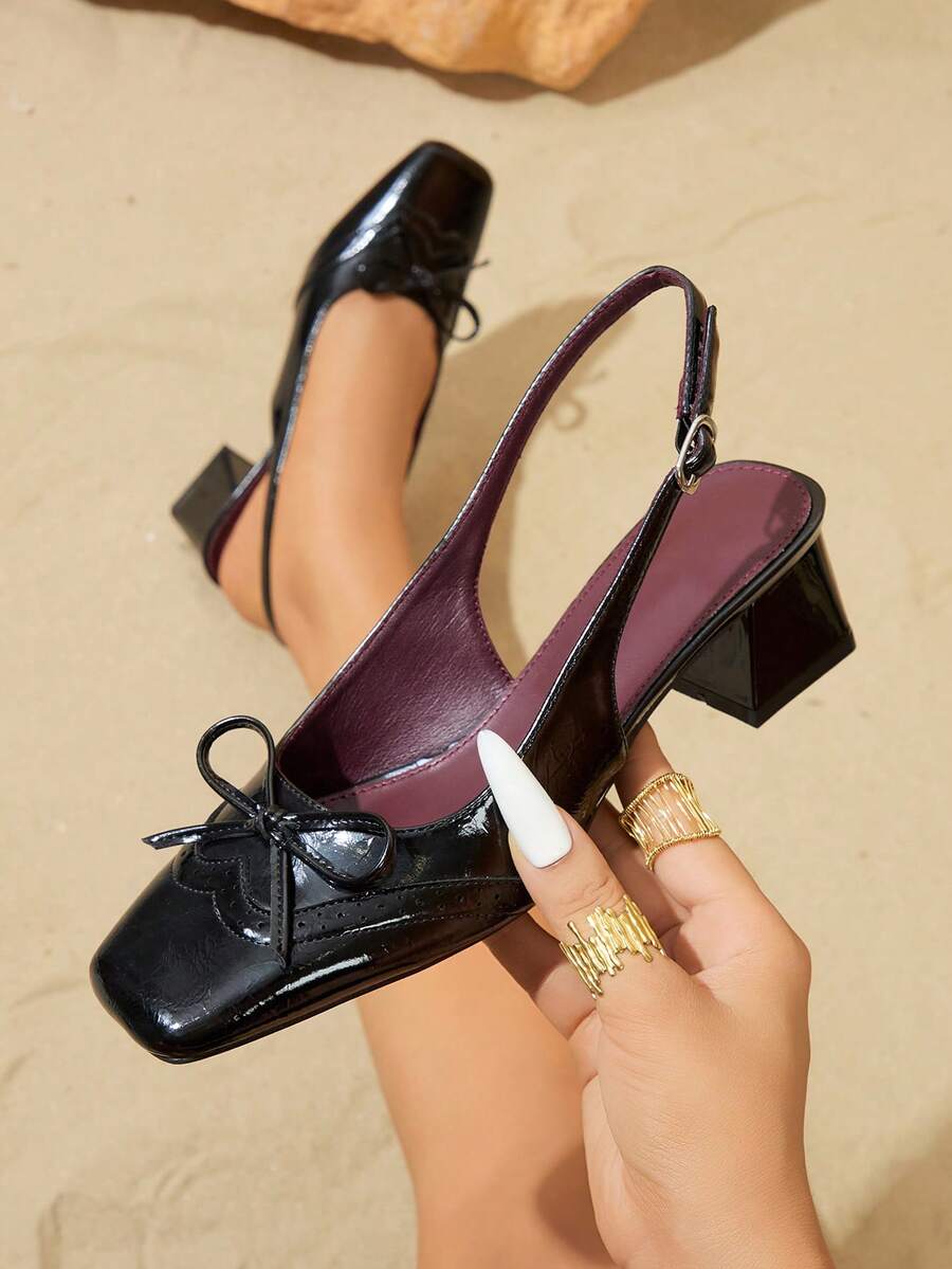 Premium Glossy Chunky Heel Slip-On Backless Outdoor Elegant Women's High Heel Sandals - Black - View 1