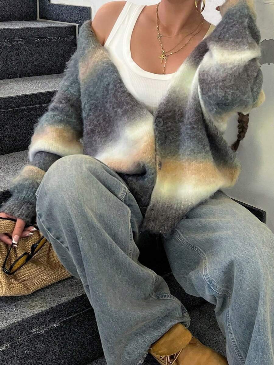 Street Style Fuzzy Front Button Gradient Colorblock Tie-Dye Cardigan, Long Sleeve V-Neck Loose Wool Knit Cardigan, Suitable For Autumn/Winter - Multicolor - View 1