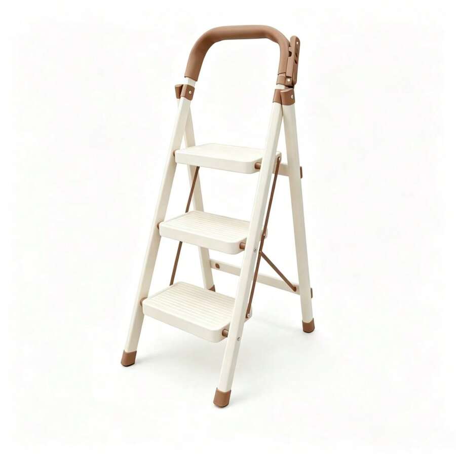 330Lbs Load-Bearing Folding Ladder | Heavy-Duty Metal Step Stool With Anti-Slip Wide Treads, Handrails, White Optional, Portable Multi-Functional Ladder For Home And Kitchen Use - 3 Steps Off-white - View 1