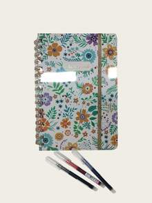 4pcs A5 Notebook Set, Includes 3-Color Liquid Ink Pens + 1pc Notebook, Hardcover Floral Notebook With Pen Holder Strap, Metal Spiral Binding, Home Bill Tracking, Learning Knowledge Recording, Suitable As Gift, Student/Adult Girl Diary, Office/Study Supplies, Birthday Gift, School Stationery - Multi-color - View 13
