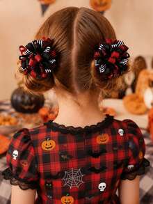 2pcs Halloween Hair Clips For Girls,Red Black Plaid Hydrangea Hairpin, Party Daily Hair Accessories - Multicolor - View 2