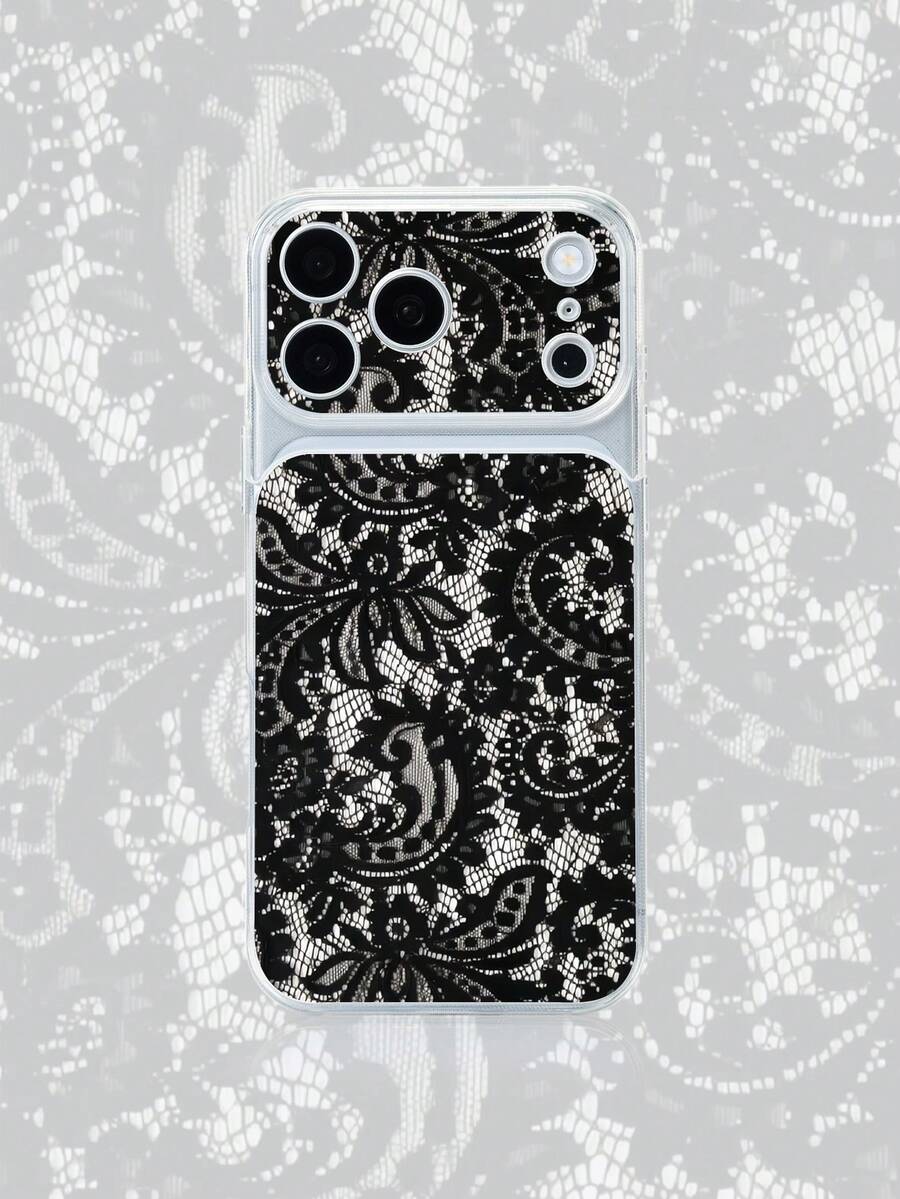 1pc Transparent Black Lace Floral Pattern Full Coverage Lens Protection Anti-Drop Anti-Collision Personalized Phone Case Compatible With IPhone 16 Pro Max 17/16/15/14/13/12/11 Air - Multicolor - View 1
