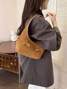 Women's Solid Color Material One Shoulder Crossbody Bag, Gold Horse Bit Buckle Detail, Zipper Closure, Casual Retro Style, Suitable For All Seasons, Perfect For Commuting And Dating - Brown - View 5