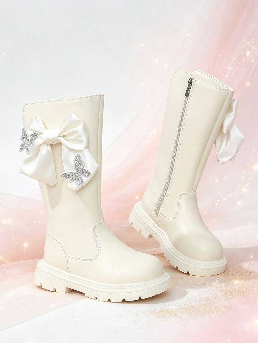 1 Pair Girls' Tall Boots, Bow & Rhinestone Butterfly Decor, Soft PU Material, Elastic Soft Sole With Inner Zipper, Cute Princess Style Long Riding Boots, Suitable For Daily Wear, School, Holidays, Parties, Autumn/Winter New Arrival