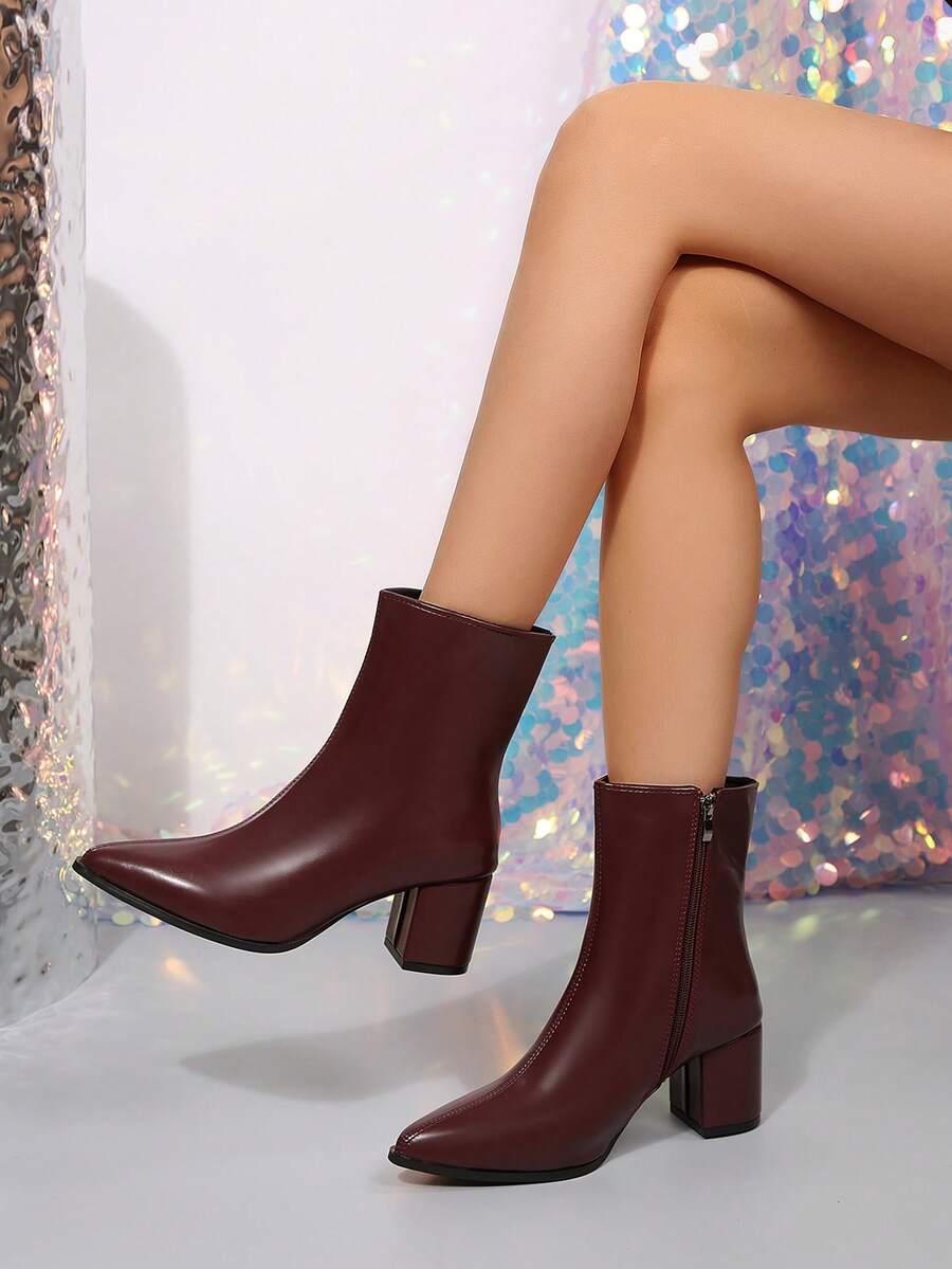 2024 New Women's Chunky High Heel Elastic Slim Fit Sock Boots Mid-Calf Ankle Boots - Burgundy - View 1