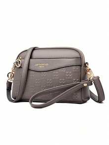 Vintage Litchi Embossed Crossbody Bag, Vintage PU Leather Shoulder Bag, Women's Versatile Handbag And Wallet - Grey - View 5