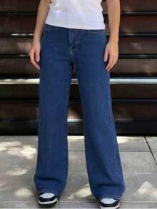 Teen Girls Pocketed Straight Loose Casual Versatile Jeans - Blue - View 4