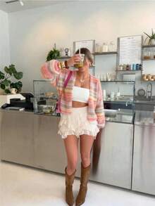 Women's Colorful Striped Knit Cardigan, Autumn Loose Soft Short Buttonless Outerwear, Vintage Slouchy Sweater Jacket - Multicolor - View 5