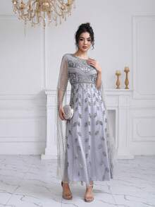 JINLICX Silver Beaded Light Grey Tassel Sleeve Evening Maxi Dress - Grey - View 7