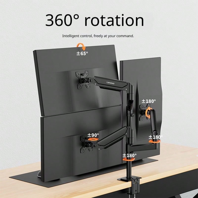 Lenovo A730 3-Arm Gas Spring Ergonomic Desktop Monitor Mount, Fully Adjustable Rotating VESA Bracket With Cable Management, Space-Saving Home Office Large Screen Monitor Stand - View 1