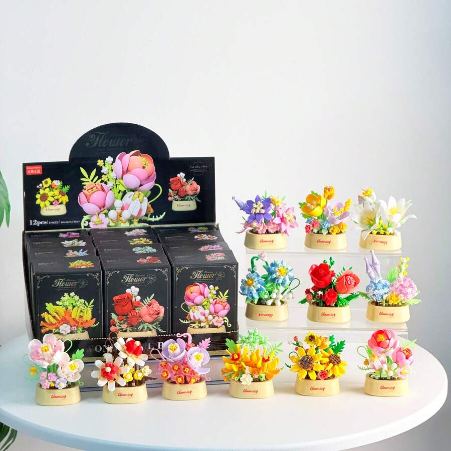 Mini Floral Potted Plant Building Block Set, DIY Eternal Bouquet Miniature Building Block Kit, Artificial Flower Desktop Decor Ornament, Creative Assembly Educational Toy, Suitable As Gift For Women And Girls - Multicolor - View 1