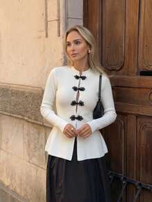 FOR BEAUTY Autumn/Winter Y2K White Ribbed Knit Women's Cardigan With Stand Collar, Slim Fit, Cinched Waist And Ruffle Hem, Fashionable For Dating, Evening Events And Outerwear - White - View 3