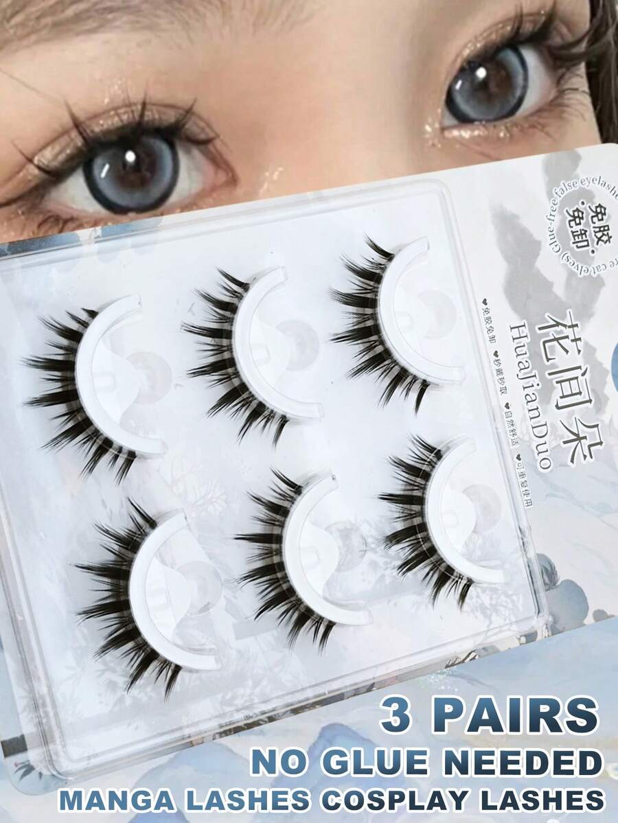 3 Pairs Cartoon Style 3D Faux Mink False Eyelashes, Voluminous Thick Big Eye Effect, Self-Adhesive Glue-Free Band - Cosplay Party Essential, Reusable, Lightweight Cartoon Lashes, Suitable For Daily Makeup And Special Occasions - View 1