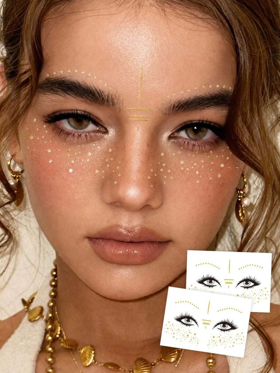 2 Sheets Gold Temporary Tattoos Gold Freckles Metallic Tattoos Women Adult Waterproof Gold Henna Temporary Tattoos Feather Flower Star Mandala Pattern Suitable For Beach Festival Music Party,Formulated Without Henna - Gold - View 1