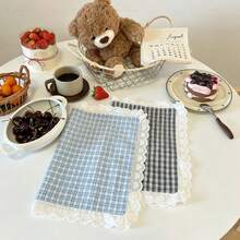 1pc/2pcs/4pcs Korean Style Heart Lace Trim Plaid Placemats, Vintage Checkered Fabric Table Mats, Home Afternoon Tea INS Style Table Decor Mats - Multicolor - View 3
