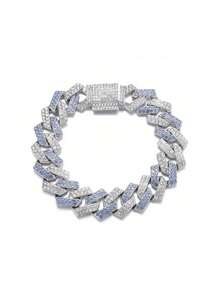 CVNANA 1pc 15MM European & American Fashion Hip Hop Rhinestone Chain Necklace, Versatile Personalized Men's & Women's Hiphop Bracelet Jewelry, Zinc Alloy Jewelry - Blue - View 11