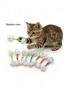 1/3/5/10pcs Random Color Shiny Rainbow Ripple Ball Cat Toy With Jingle Bell Interactive Teaser Wand, Durable Indoor Interactive Pet Toy For Cats, Without Battery - Multicolor - View 5
