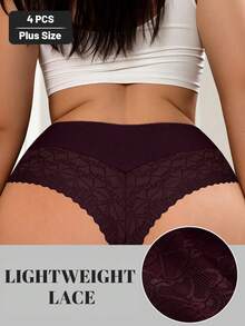 MEIYATING 4pcs/Pack Plus Size Women Lace Trim Mesh Splice Soft Comfortable Sexy Thong Panties - Multicolor - View 3