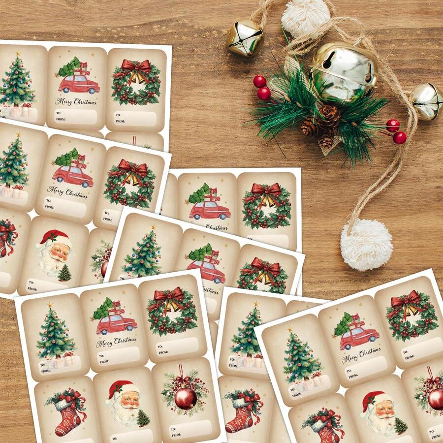 90pcs/15sheets Christmas Gift Labels Stickers, Vintage Christmas Name Gift Stickers, Holiday Gift Packaging Labels, With Christmas Tree, Santa Claus, Wreath, Christmas Stocking Designs, Christmas Party Decoration - Multicolor - View 1