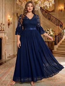 Plus Size V-Neck Floral Lace Ruffle Layered Sleeve Colorblock Chiffon Ruched Hem Formal Evening Party Dress, Suitable For Birthday, Homecoming Dance, Wedding Guest - Navy Blue - View 3