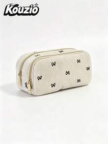 Cute Bow Pattern Corduroy Pencil Case, Large Capacity Double Layer Zipper Pen Pouch With Organizer Slots, Portable Stationery And Cosmetic Storage Bag For School, Office And Travel - Bow-tie Style - View 10