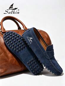 Salkin 设计师时尚男士一脚蹬乐福鞋，柔软仿麂皮休闲鞋，铆钉设计，防滑橡胶鞋底，适合驾驶、商务、派对、婚礼、春夏/秋季，加大码，多种颜色可选，请选择大一码时尚秋季 - 深藍色 - 查看 8