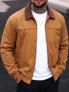 1pc Men's Khaki Lapel Collar Workwear Jacket, Comfortable Woven Fabric, Durable And Fade-Resistant, Versatile Solid Color Outerwear For Daily Commute And Casual Outings - Khaki - View 2