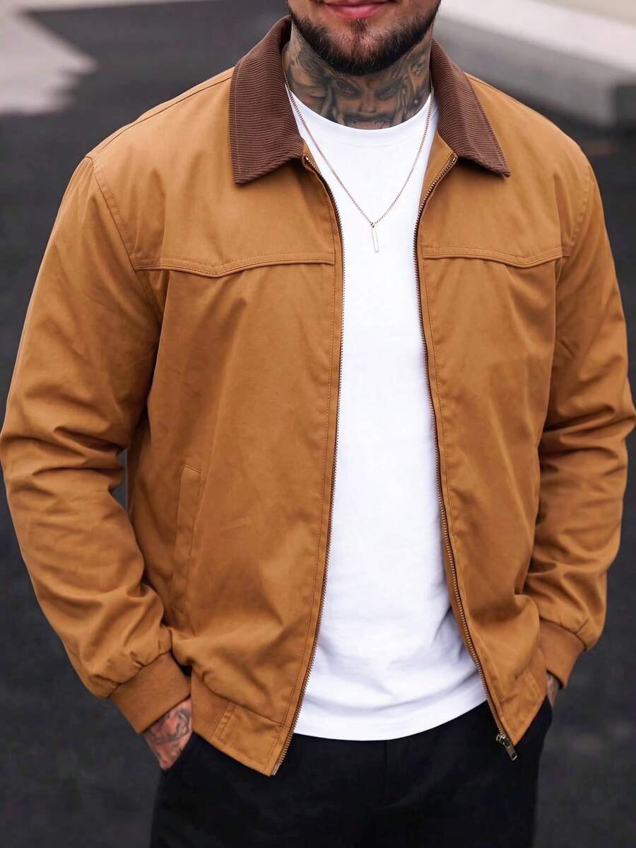 1pc Men's Khaki Lapel Collar Workwear Jacket, Comfortable Woven Fabric, Durable And Fade-Resistant, Versatile Solid Color Outerwear For Daily Commute And Casual Outings - Khaki - View 1