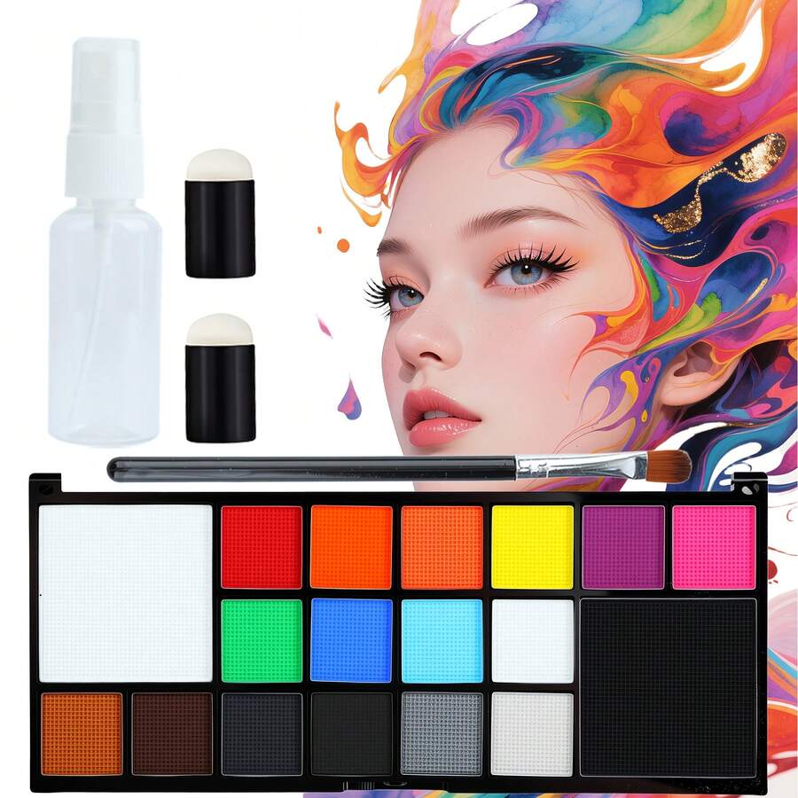 JIHUIPAI Kit Cat Wajah & Tubuh Berbasis Air 18 Warna dengan Kuas & Botol Semprot – Tidak Iritasi, Mudah Dicuci, Sempurna untuk Halloween, Pesta Ulang Tahun & Riasan Panggung - Cat yang larut dalam air - View 1