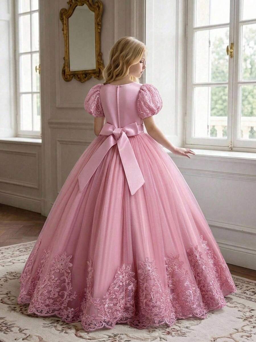 Young Girls 3D Floral Embroidered Tulle Elegant Princess Dress For Party, Headband Not Included - Dusty Pink - View 1