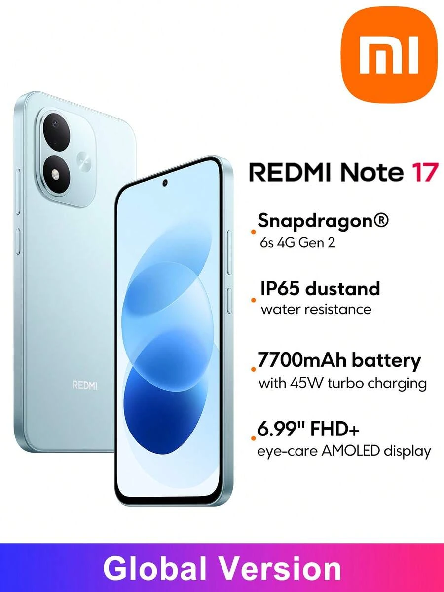 Xiaomi Redmi Note 17 智慧型手機 全球版 7700mAh 電池 45W 快速充電 6.99 吋 FHD+ 護眼 AMOLED 螢幕 Corning®Gorilla® Glass 7i 強大 Snapdragon 6s 4G Gen 2 IP65 防塵防水 - 天青色 - 查看 1