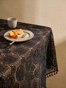 1pc Black Geometric Hollow Lace Tablecloth, French Vintage Style Lace Fabric Material, Round Tassel Edge And Exquisite Hollow Floral Pattern Detail Decoration, Beautification And Dust-Proof Function, Suitable For Daily Home And Vintage Dining Table Arrangement - Black - View 9